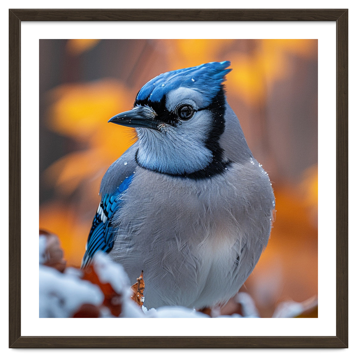 Blue Jay Bird In Winter Snowfall And Leaves