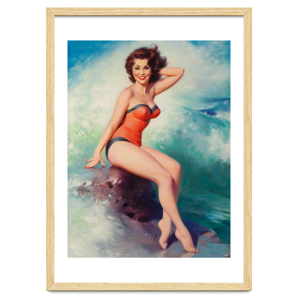 Pinup Girl Posing In Front Of Big Waves On The Beach