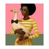 Stylish Woman Holding Goose In Striped Dress (Print Only) thumbnail