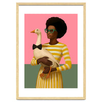 Stylish Woman Holding Goose In Striped Dress