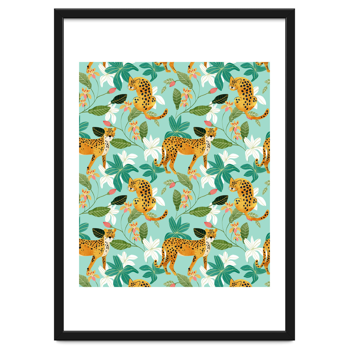 Cheetah Jungle, Wildlife Nature Wild Cats Tigers Leopard Botanical Animals Mint Quirky Illustration