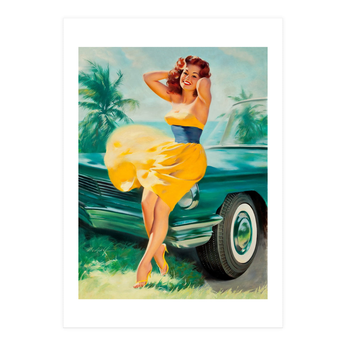 Pinup Girl Posing In Front Of The Car (Print Only)