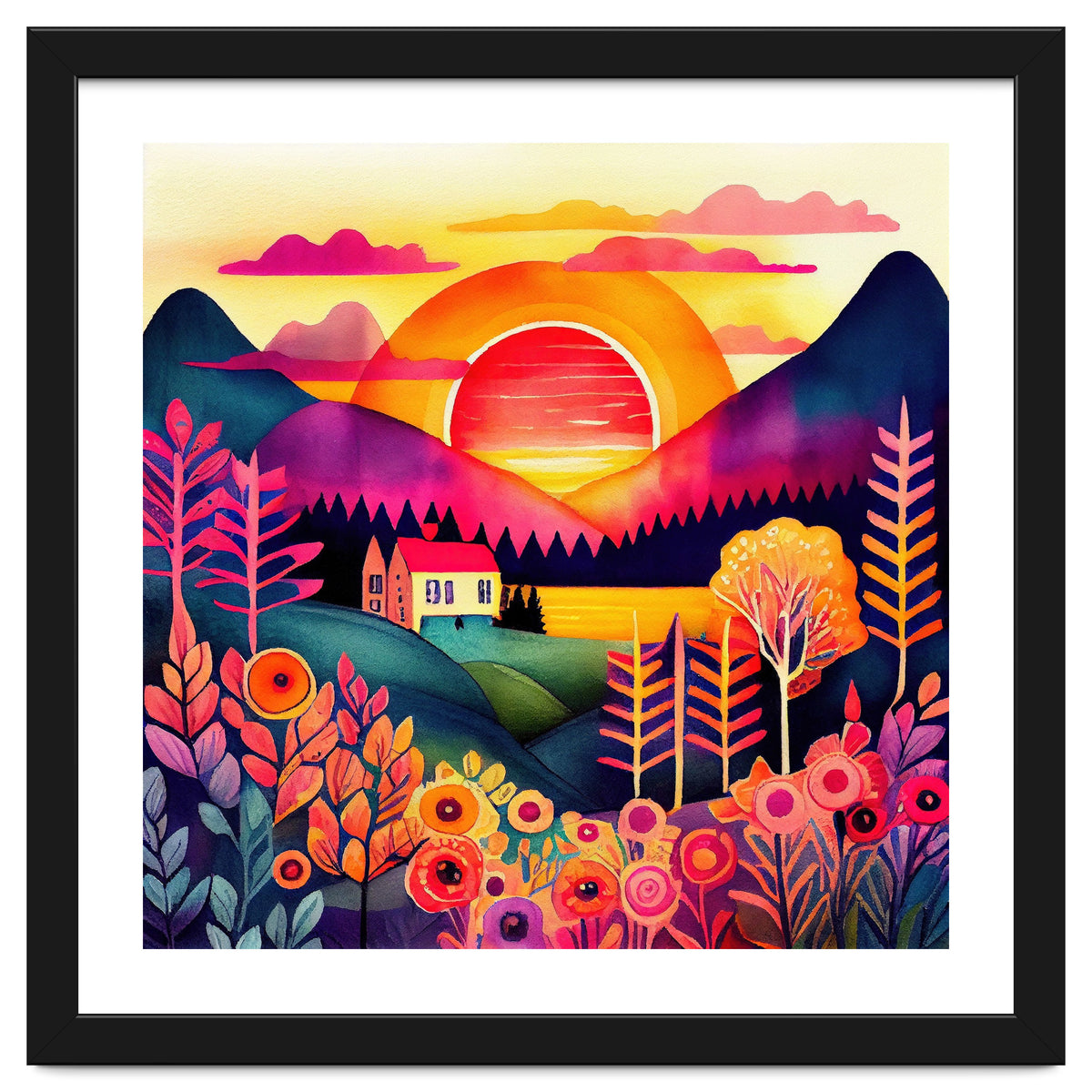 Folk Sunset Over Mountain Lake