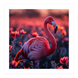 Pink Flamingo Bird Standing Among Flowers At Sunset (Print Only) thumbnail
