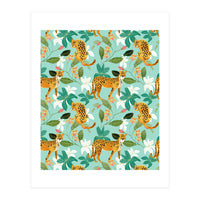 Cheetah Jungle, Wildlife Nature Wild Cats Tigers Leopard Botanical Animals Mint Quirky Illustration (Print Only)