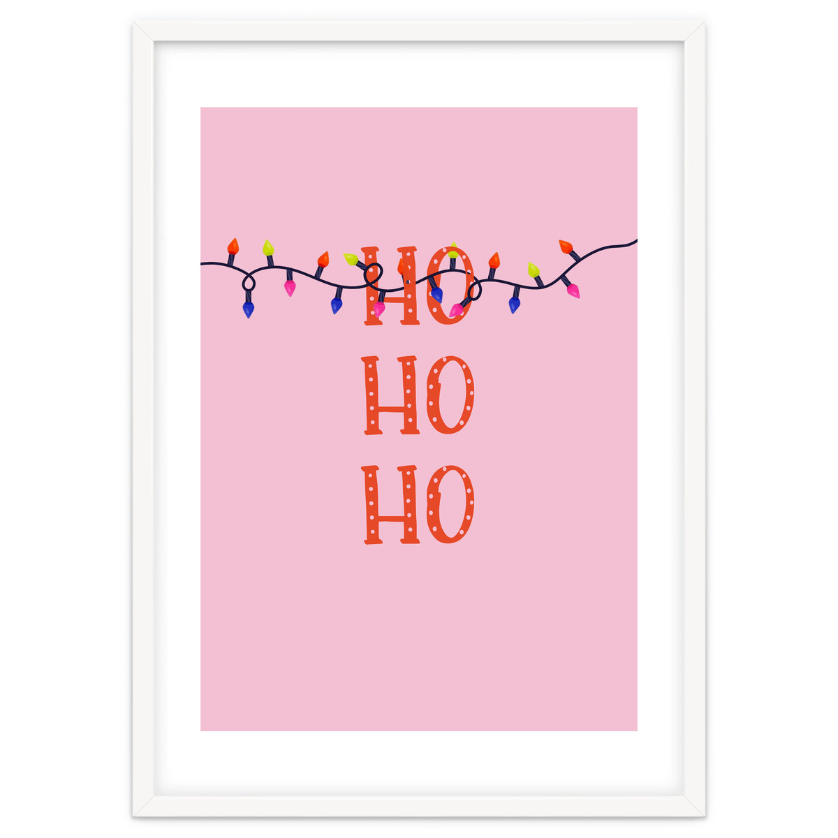 HO HO HO Christmas Lights Art, Pink Holiday Illustration, Modern Festive Quote
