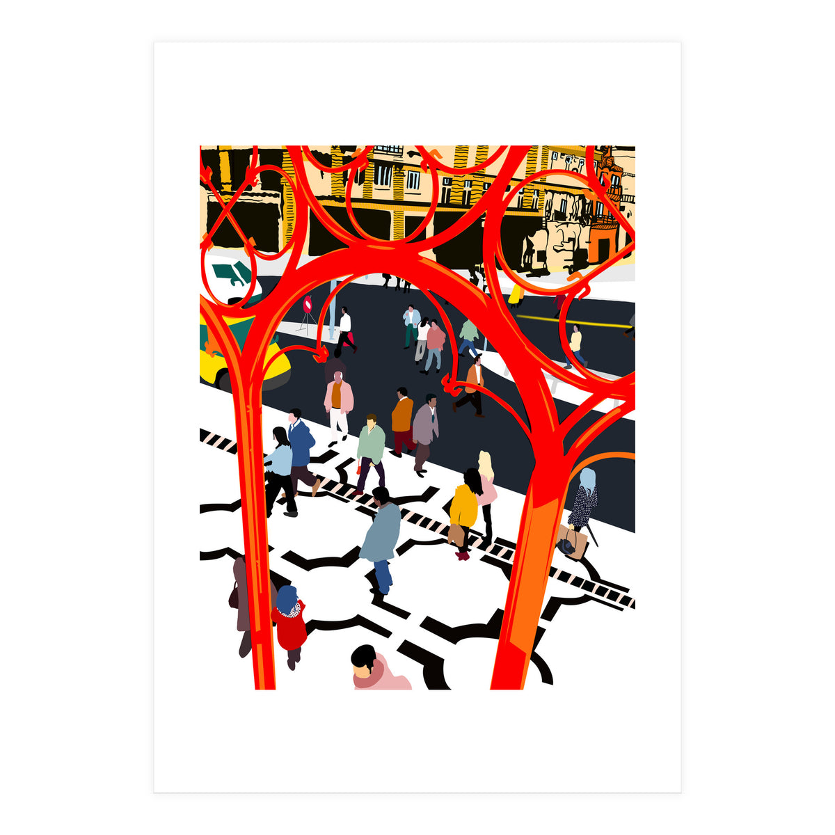 City Street, Eclectic Architecture Buildings Busy New York, People Work Office Daily Life Boho Contemporary Traffic Gifts (Print Only)