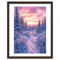 Winter Sunset Glow: Serene Snowy Forest and Frozen Creek