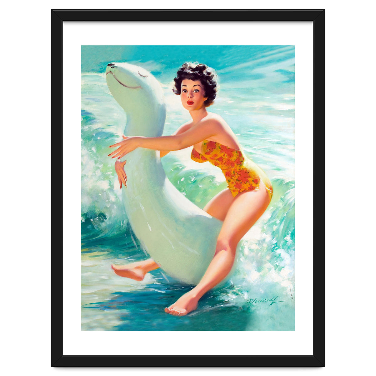 Happy Pinup Girl On The Beach Hugging Her Rubber Toy