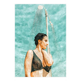 Bathe | Woman Pool Shower | Summer Swim Watercolor Painting | Brunette Bikini Boho Fashion (Print Only) thumbnail