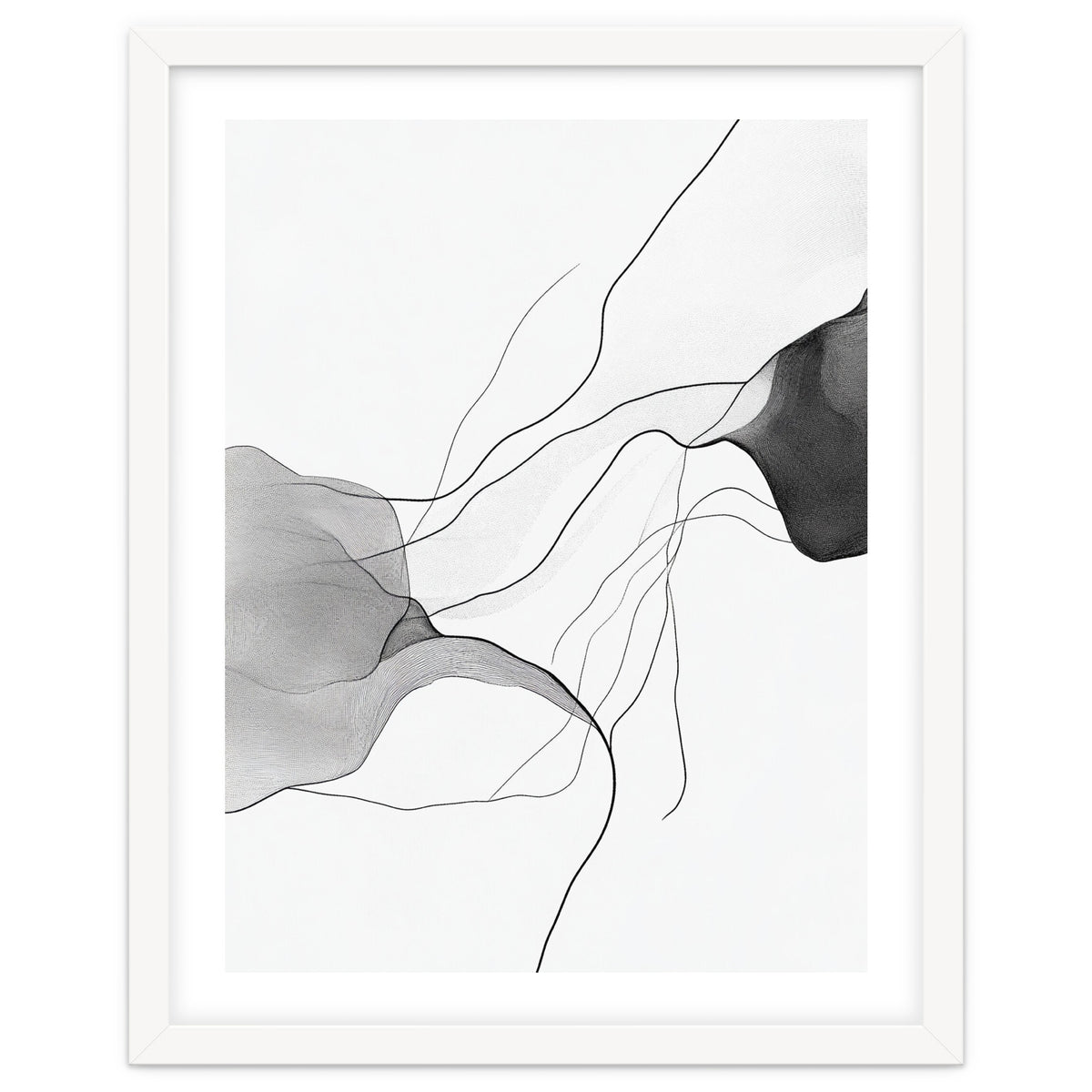 Abstract Black And White Flowing Lines And Shapes On White Background