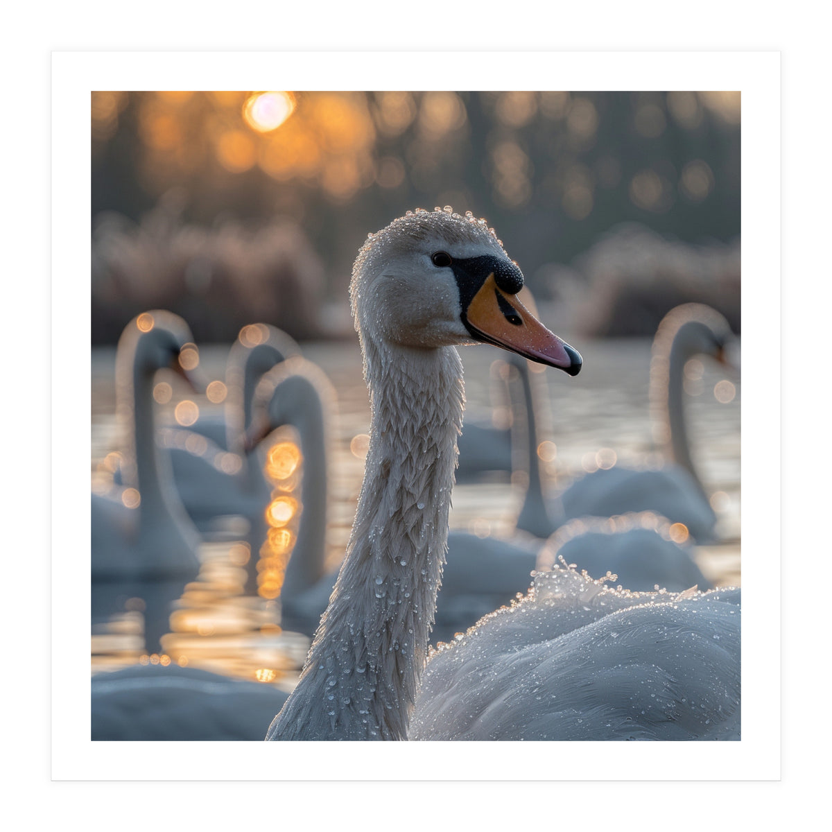 Close Up Of Swan With Water Droplets At Sunrise (Print Only)