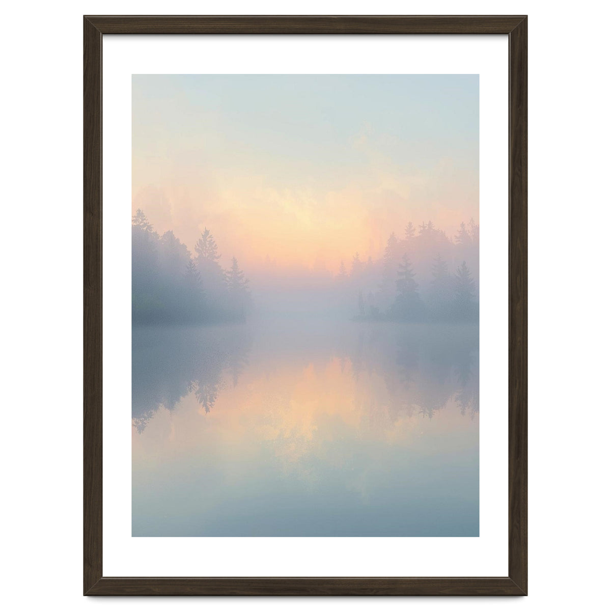 Misty Sunrise Over Pine Forest Lake