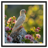 Albino Parrot Perched On A Rock Amongst Flowers thumbnail