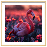 Pink Flamingo Bird Standing Among Flowers At Sunset thumbnail