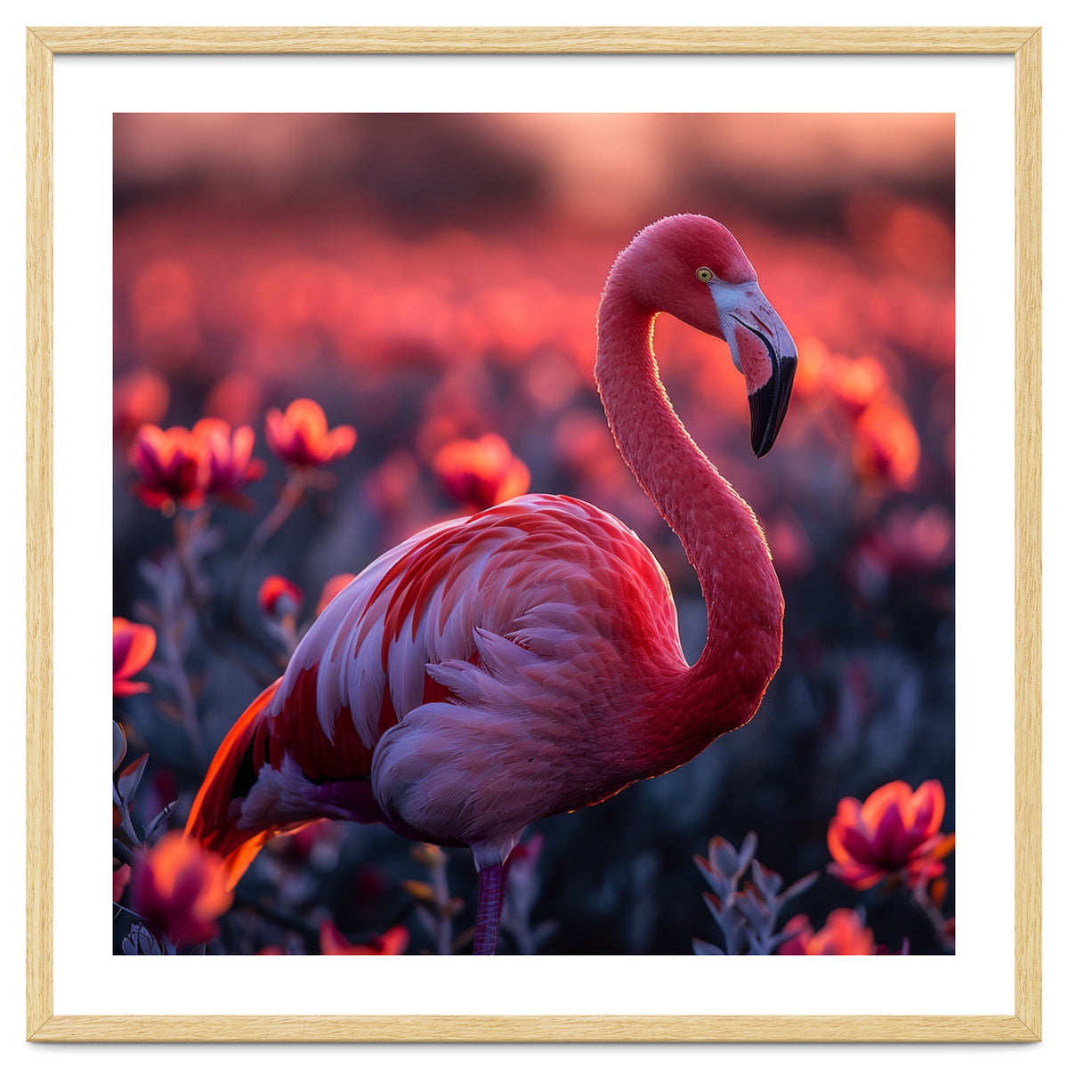 Pink Flamingo Bird Standing Among Flowers At Sunset