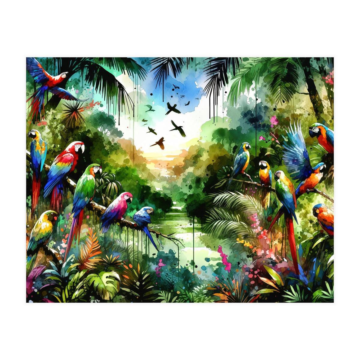 Watercolor Tropical Birds In The Jungle (Print Only)
