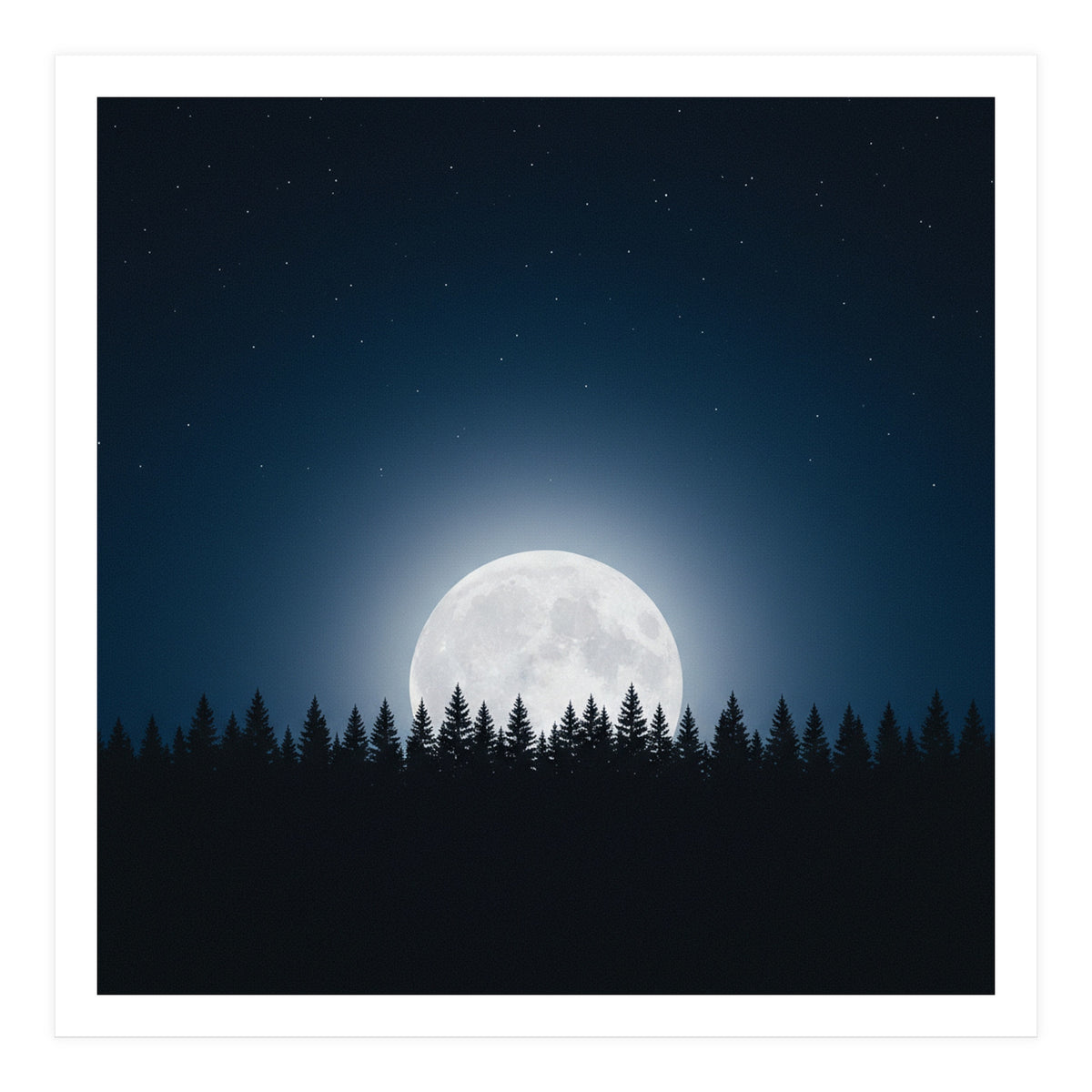Midnight Serenity: Full Moon Over Forest Silhouettes (Print Only)
