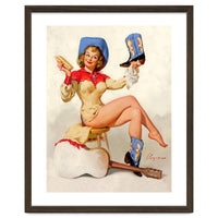 Pinup Sexy Cowgirl Cleaning Her Boots