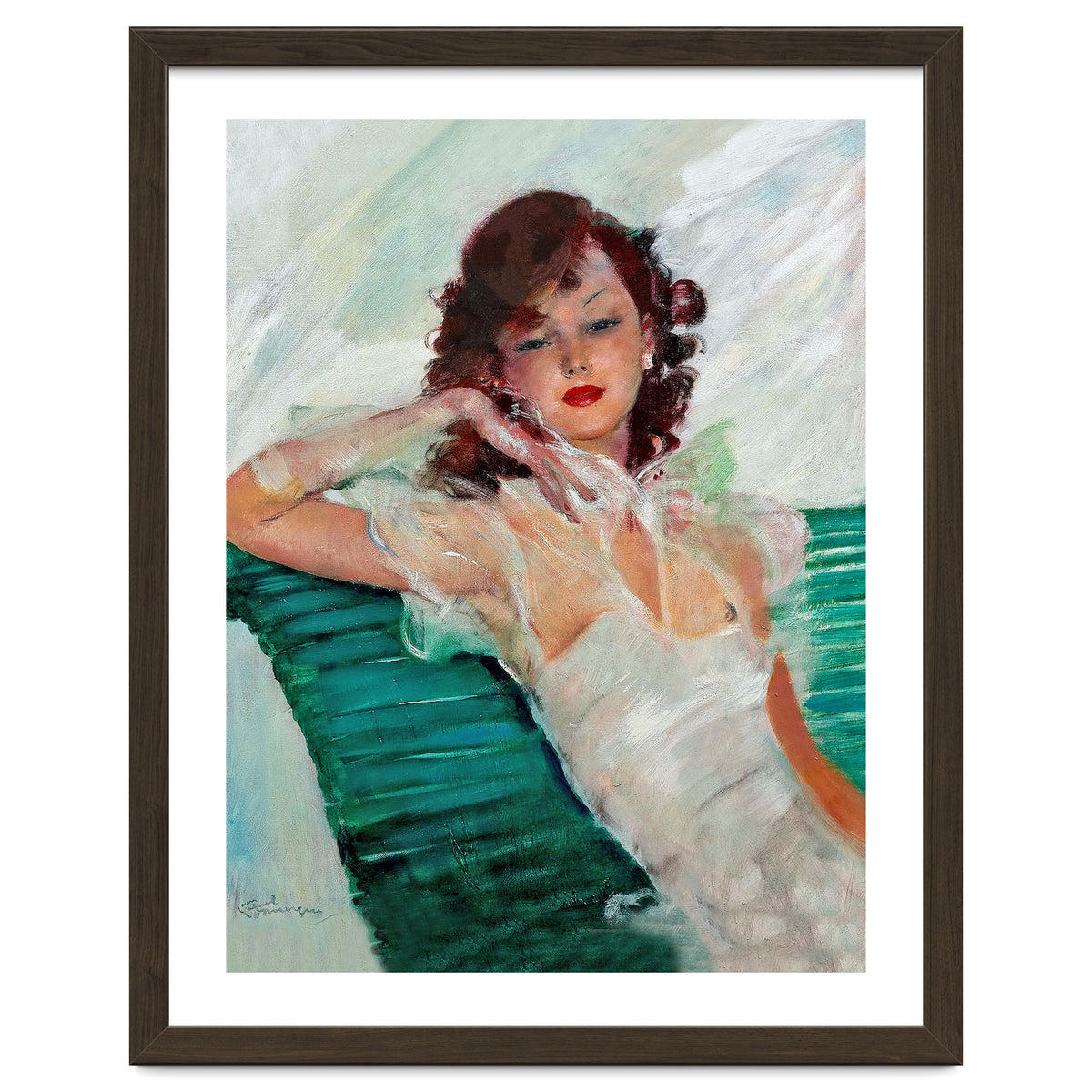 Girl Is Resting On A Green Bench, Watercolor Painting