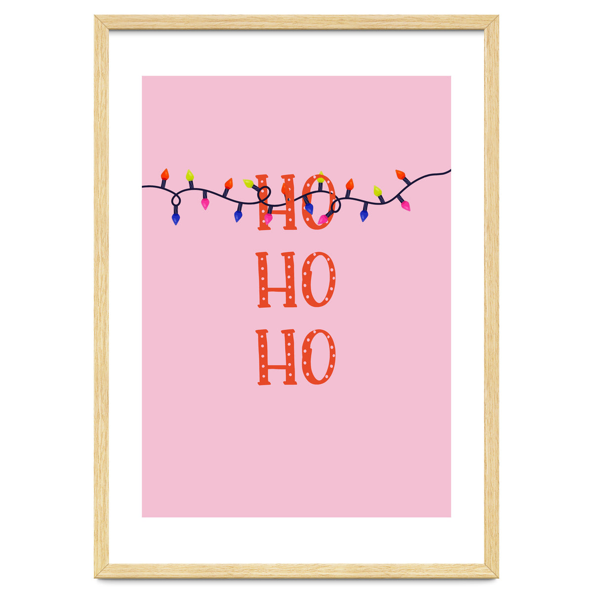 HO HO HO Christmas Lights Art, Pink Holiday Illustration, Modern Festive Quote