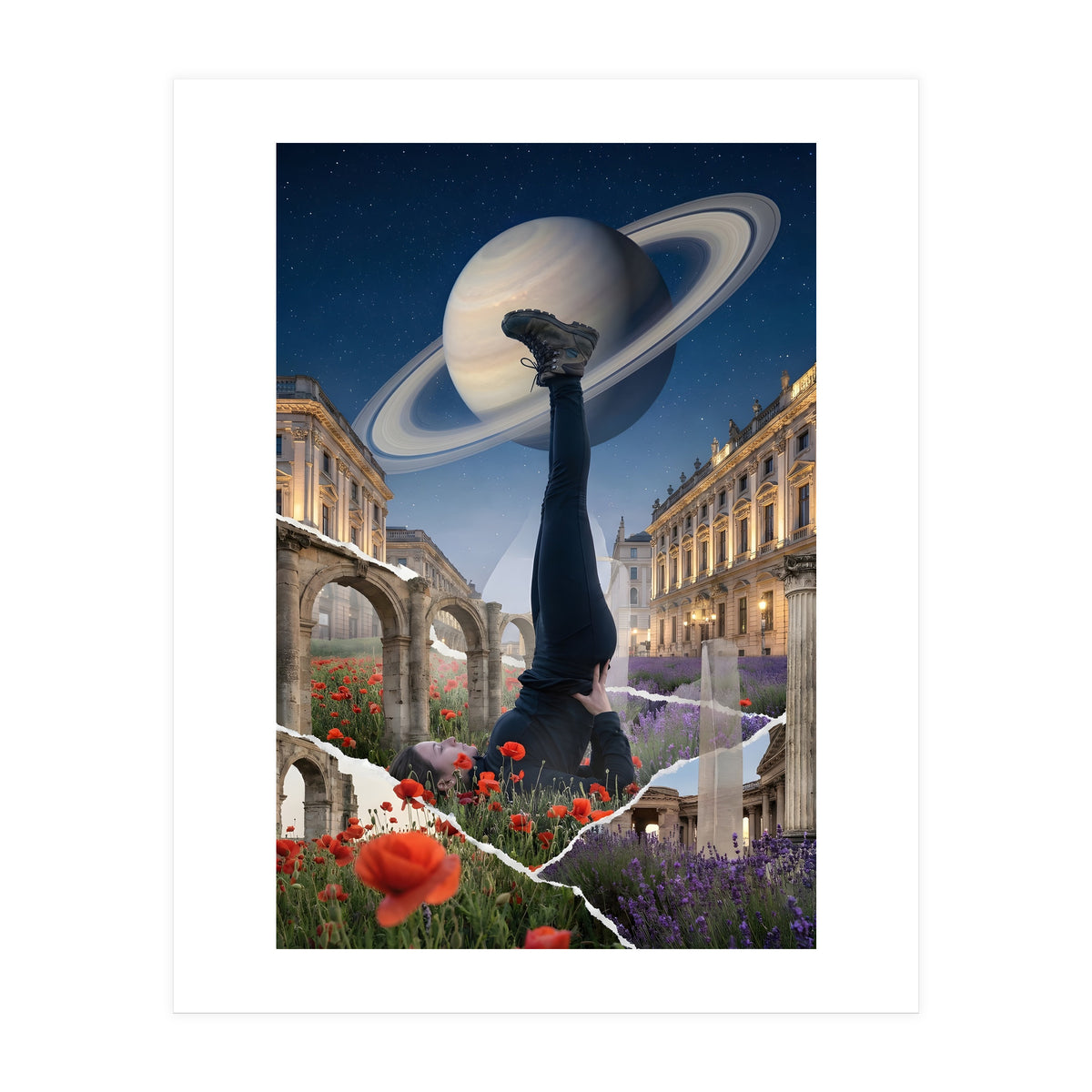 Cosmic Balance: Surreal Yoga in Ancient Dreamscapes (Print Only)