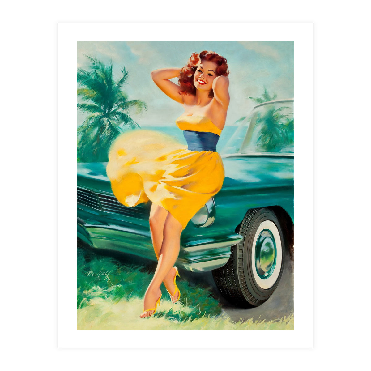Pinup Girl Posing In Front Of The Car (Print Only)