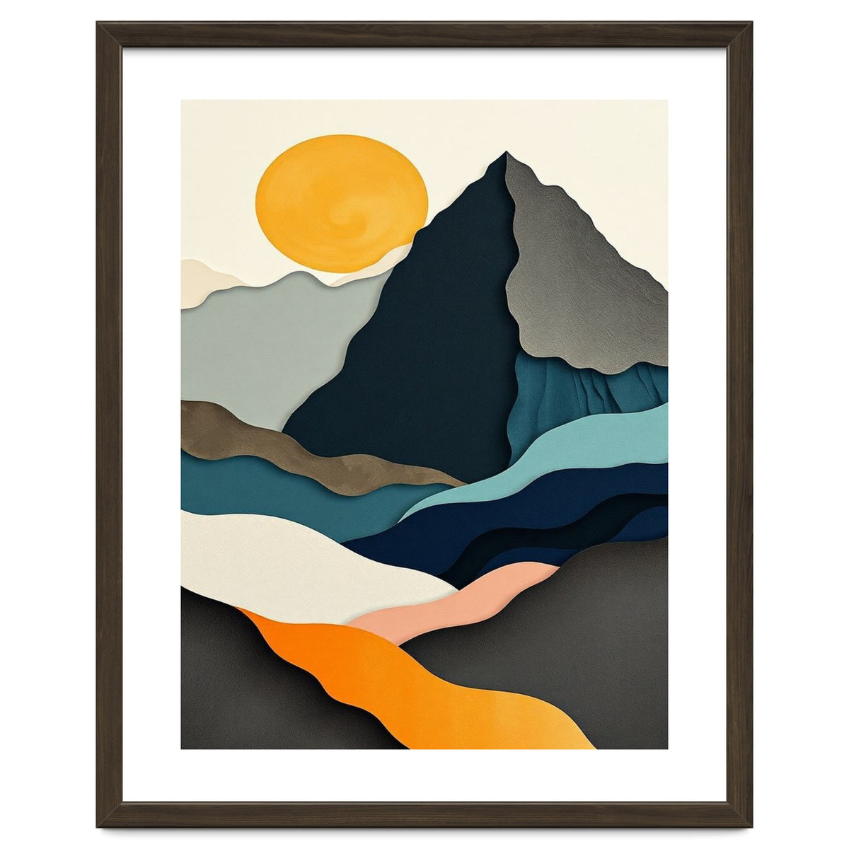 Minimalist Layered Mountain Landscape with Golden Sun