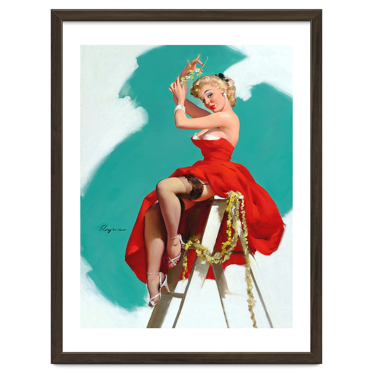 Sexy Pinup Girl In Red Dress Posing On a Ladder