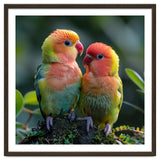 Lovebirds Pair Perched On Mossy Branch Outdoors thumbnail