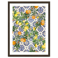 Blue Mediterranean tiles, lemons and oranges fruit