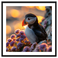Puffin Bird Amidst Purple Flowers Golden Hour