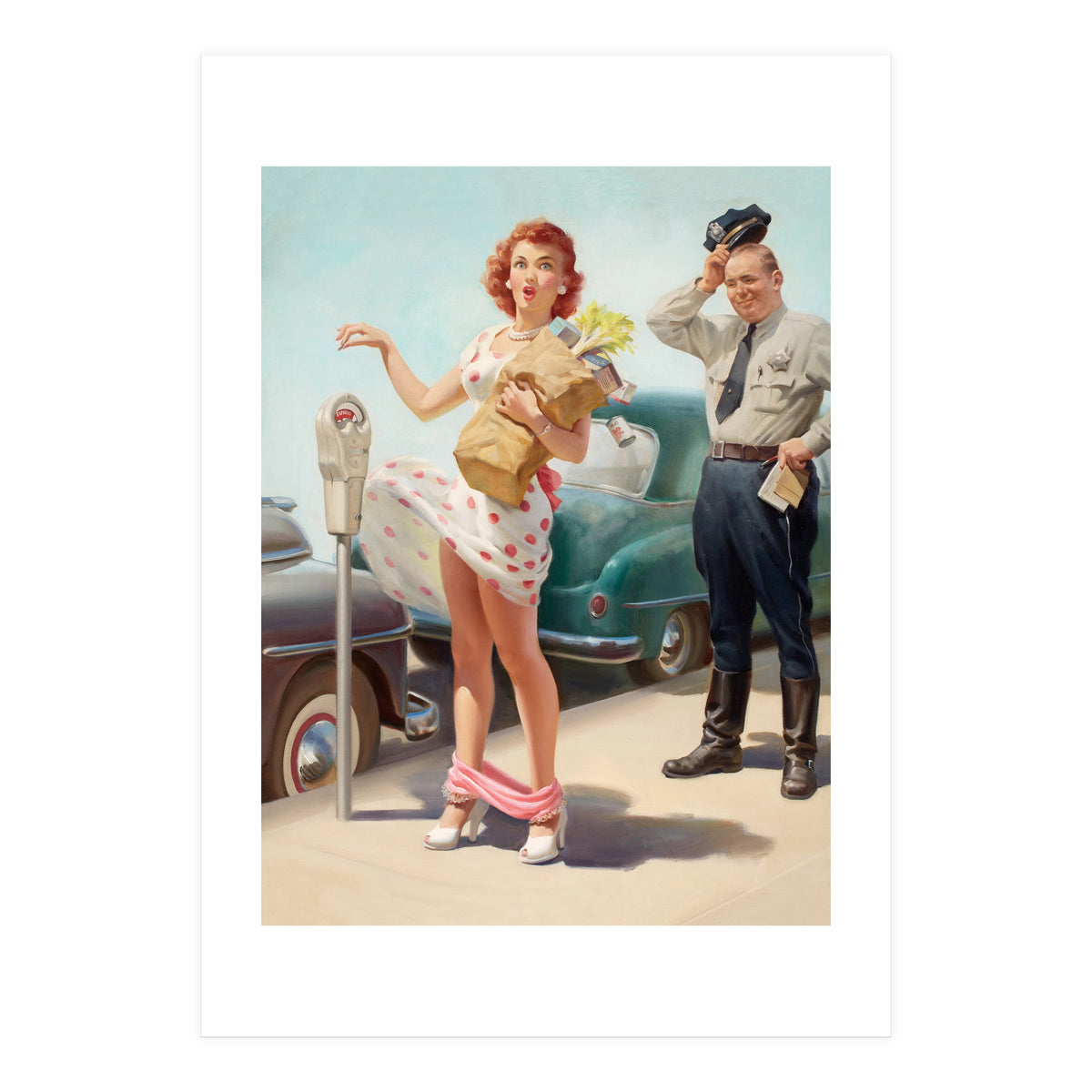 Sexy Pinup Shopping Girl And A Sudden Wind (Print Only)