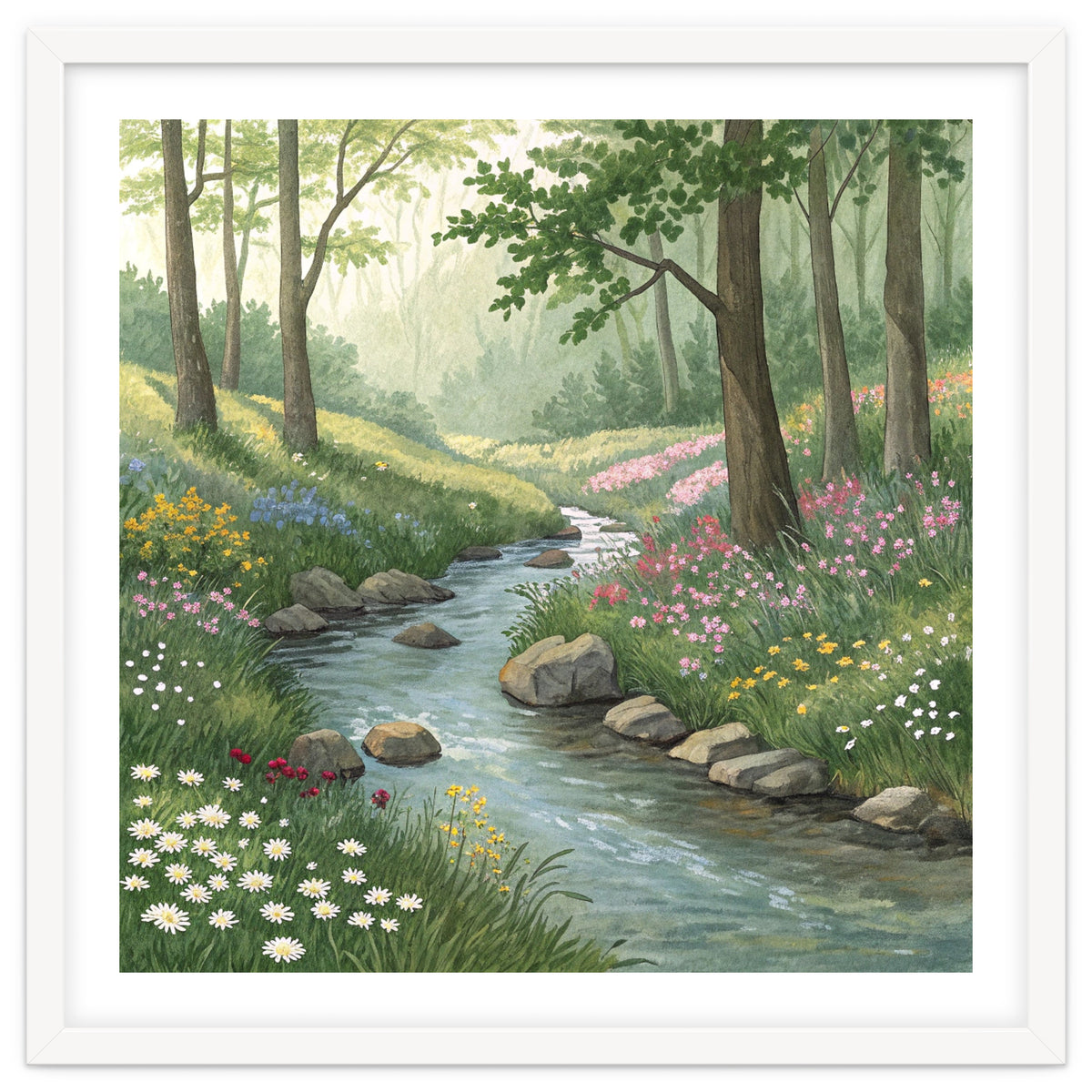 Vibrant Forest Stream Watercolor Painting