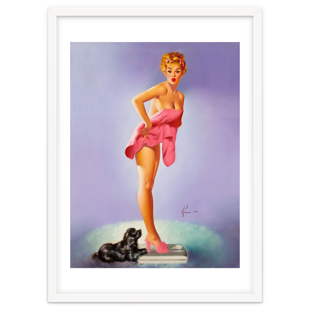 Pinup Girl On A Scale With Her Little Black Dog Behind