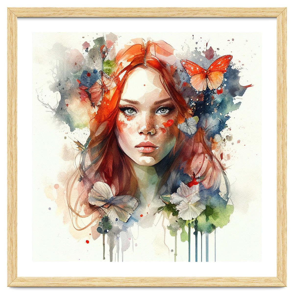Watercolor Floral Red Hair Woman #7