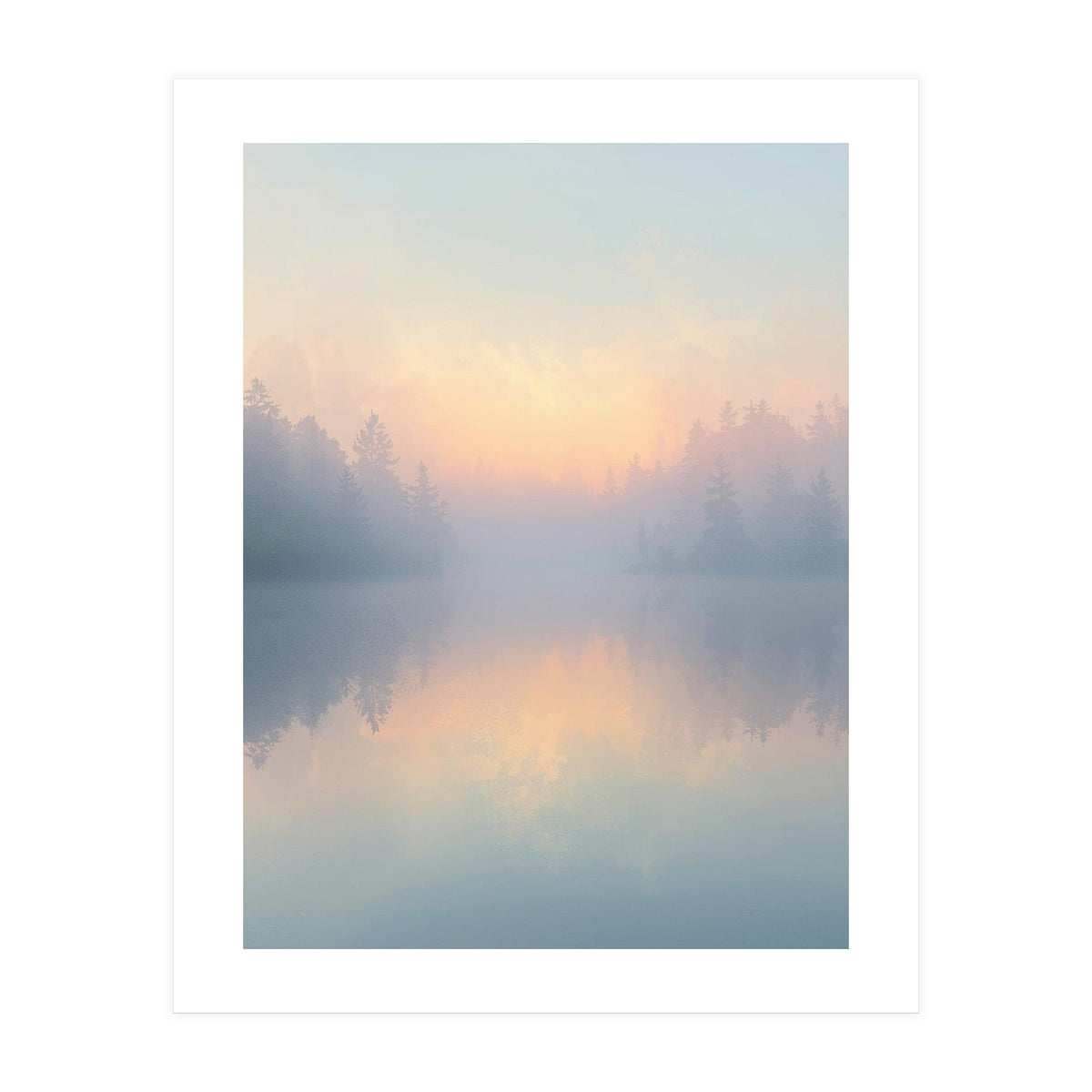 Misty Sunrise Over Pine Forest Lake (Print Only)