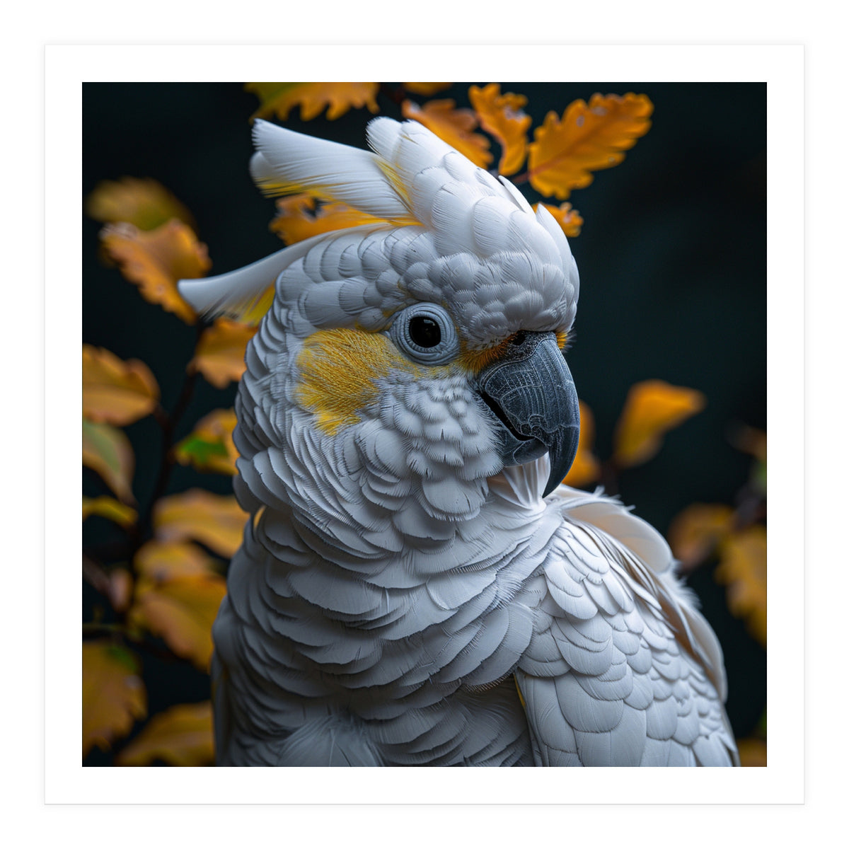 Yellow Crested Cockatoo Portrait Autumn Leaves Dark (Print Only)