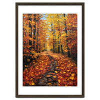 Sun-Drenched Golden Forest Path with Vibrant Autumn Foliage