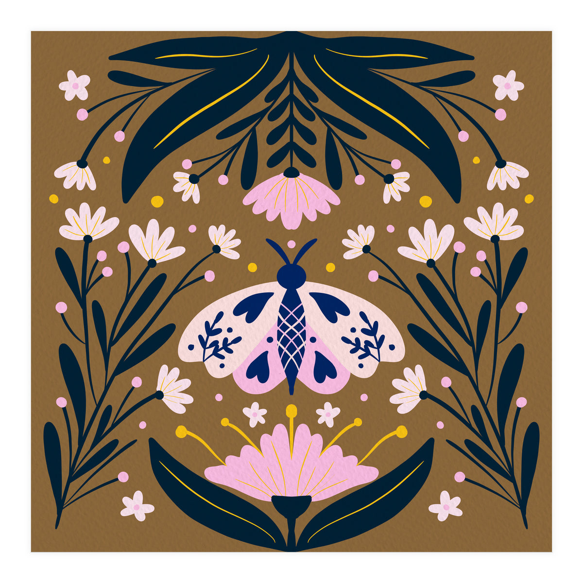 Pink Moth with Flowers on a brown background (Print Only)