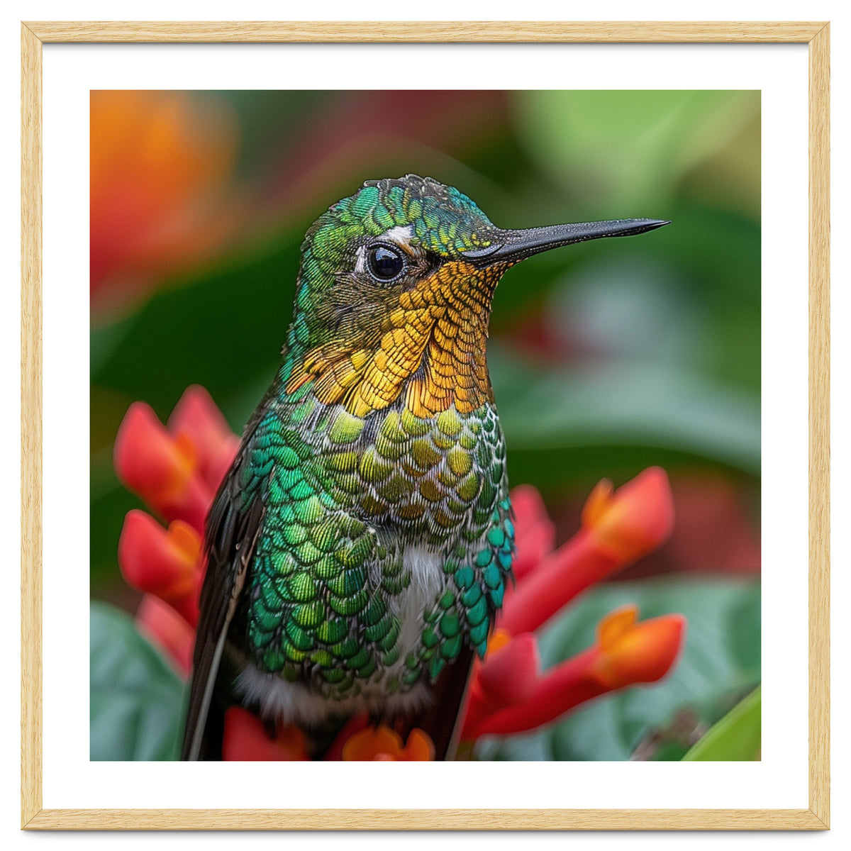 Close Up Of A Hummingbird On Red Flowers