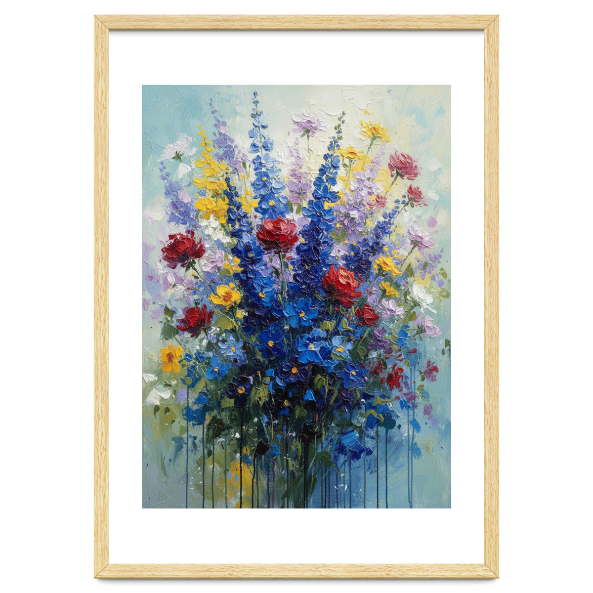Vibrant Blue Delphinium and Red Rose Heavy Impasto Oil Painting