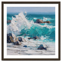 Dynamic Crashing Turquoise Ocean Wave Against Rugged Coastal Rocks