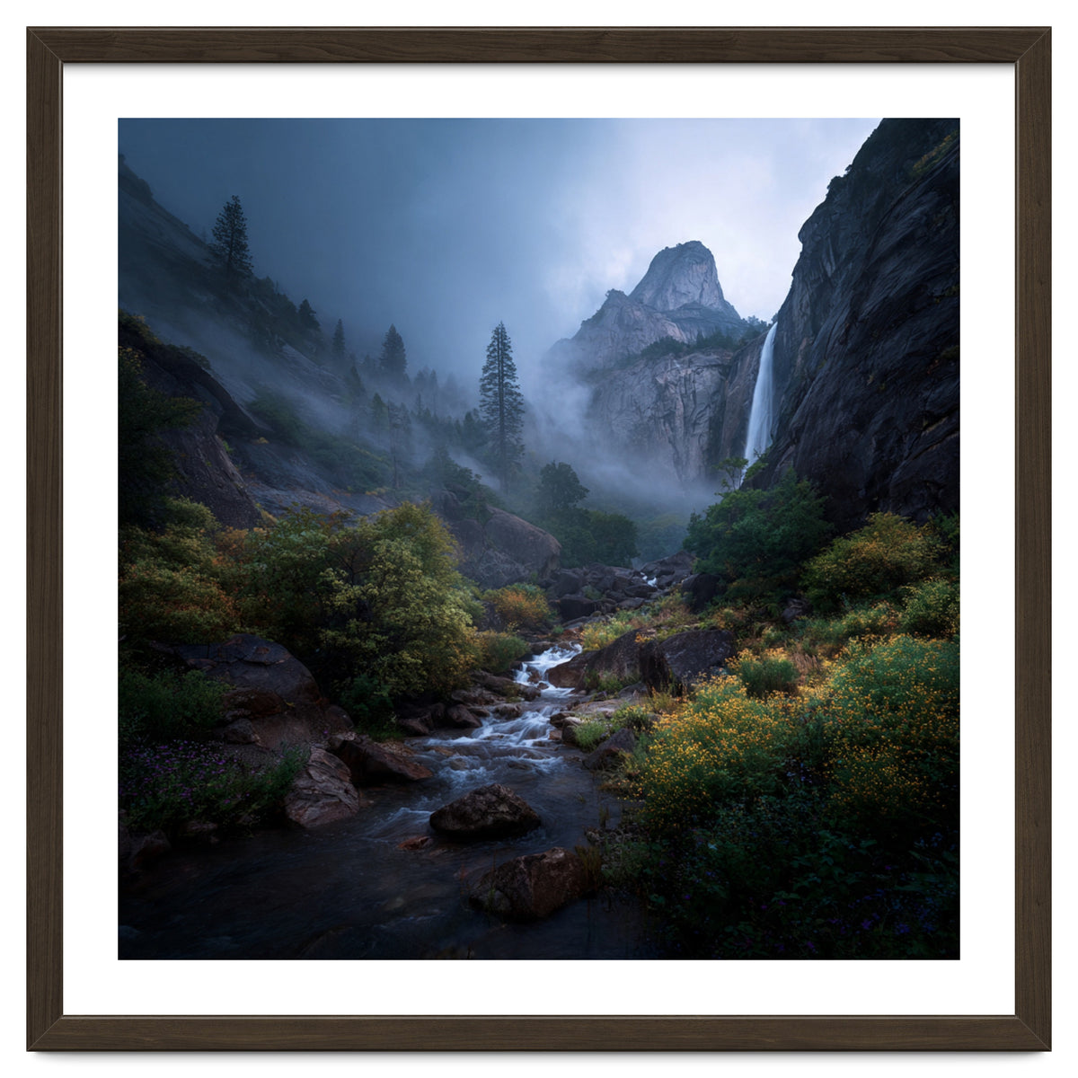 Majestic Misty Mountain Valley with Cascading Waterfall