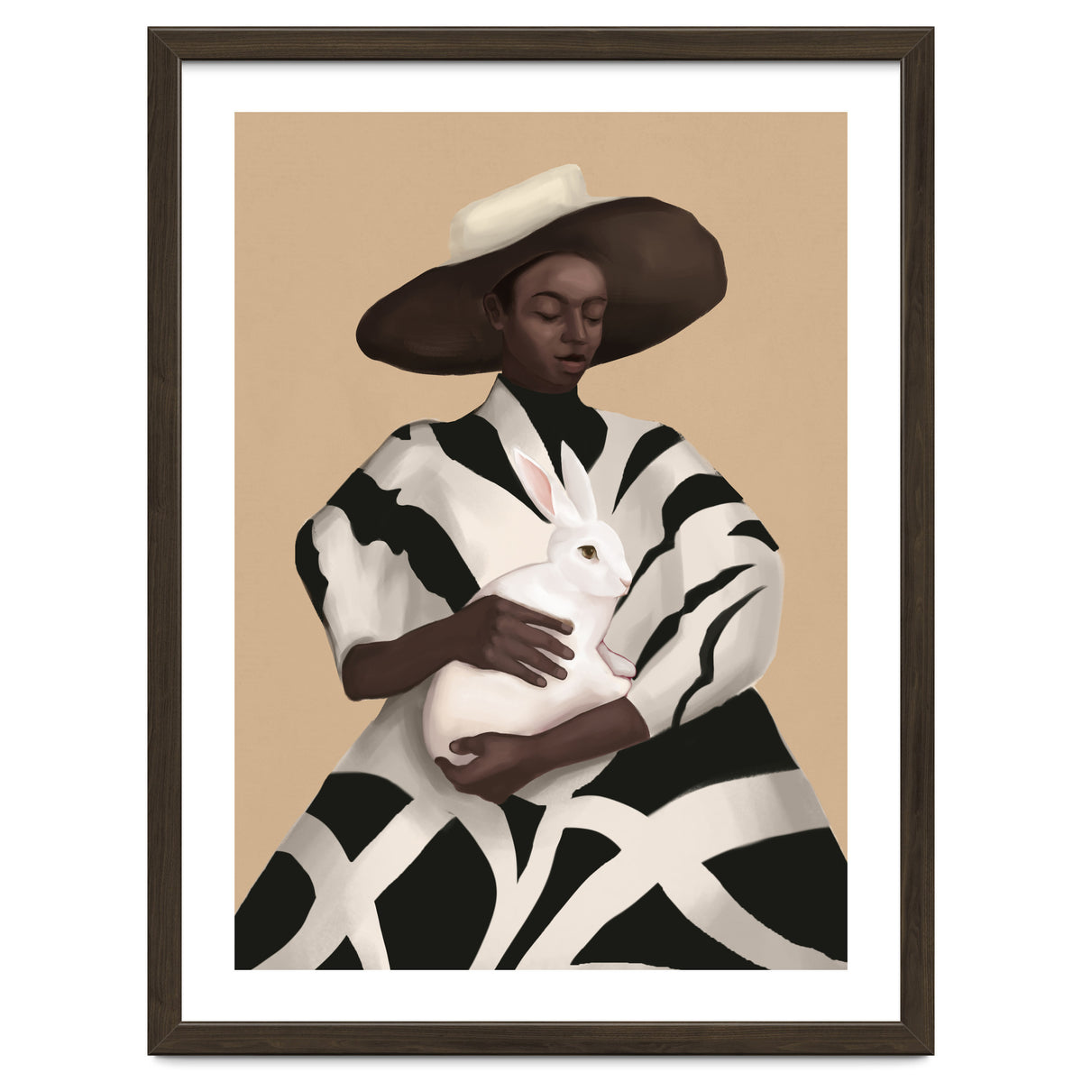 Woman In Stripes Holding A White Rabbit