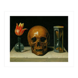 Vanitas, allegory of fleeting time with skull and hour-glass. Oil on canvas. (Print Only) thumbnail