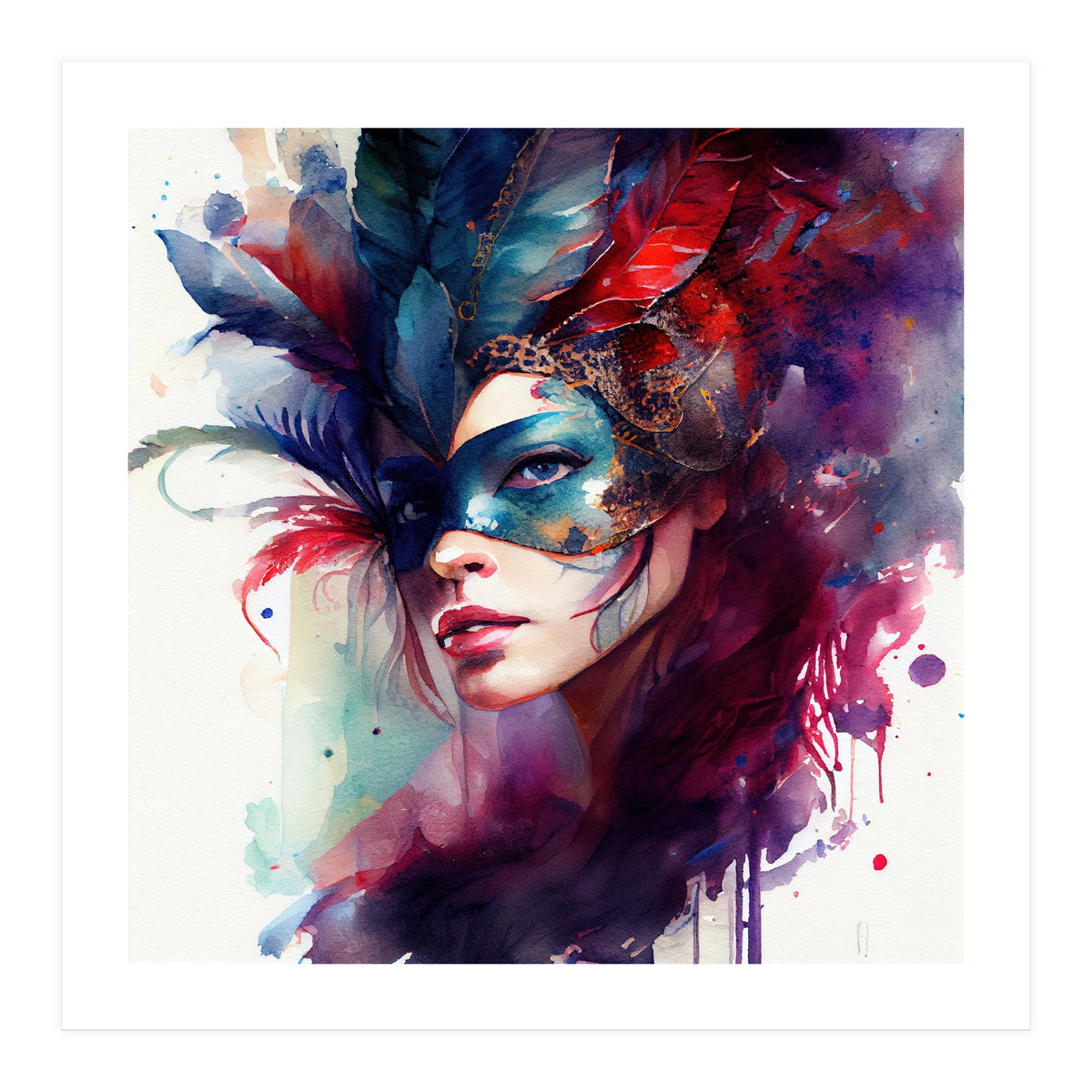 Turquoise Feathered Carnival Mask Portrait (Print Only)