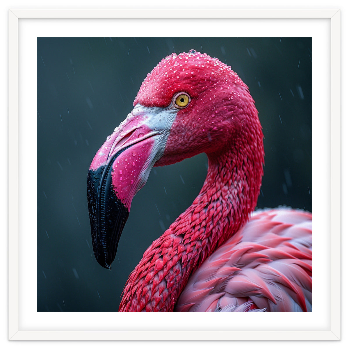 Close Up Pink Flamingo In Rain Drops