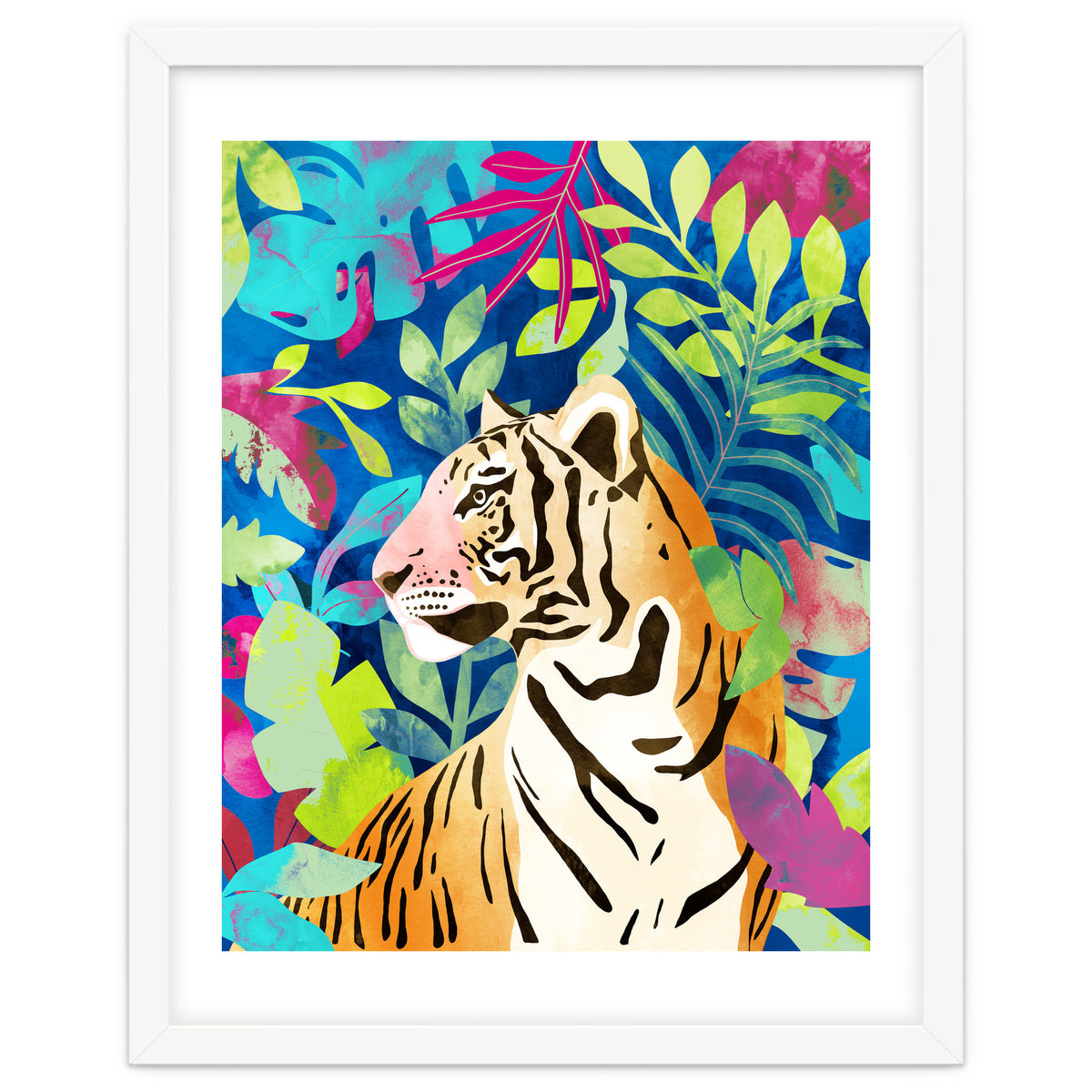 Tropical Tiger, Animal Jungle Watercolor Painting, Nature Travel Wild Botanical