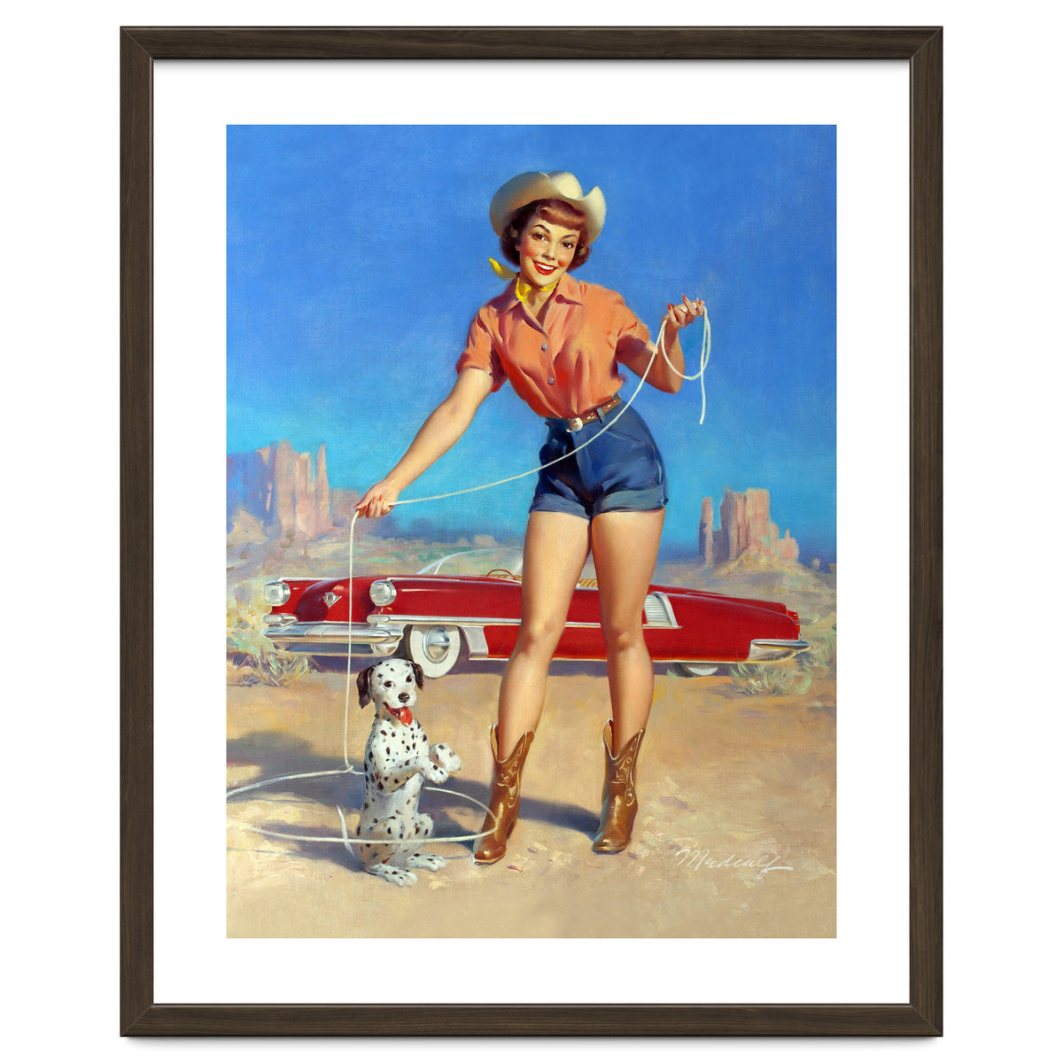 Pinup Cowgirl Showing A New Dog Trick